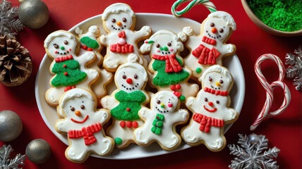 Lopsided Christmas cookies featuring crooked trees and funny-faced snowmen, decorated in bright red and green frosting with glittery sugar. Wide-angle shot, warm lighting adds a cozy, inviting feel.