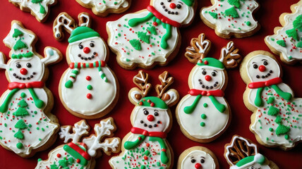 Obraz premium Oddly shaped Christmas cookies with lopsided frosting, featuring quirky snowmen and reindeer, but adorably decorated with bright red and green sprinkles. Top-down view, warm lighting emphasizing their