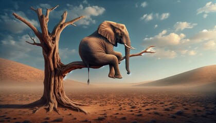 Surreal Digital Artwork of a Realistic Elephant Sitting on a Tree Branch in a Barren Desert Landscape with a Sunset Sky, Emphasizing Humor, Whimsy, and Detailed Realism
