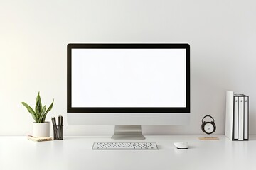 Fototapeta premium White desktop with computer mockup and accessories on it, against a white wall background. Minimalist home office interior design of a modern studio apartment or house. White screen