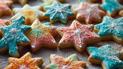 Unconventional Christmas cookies shaped like lumpy stars and odd-shaped reindeer, with charmingly messy icing. Top-down shot, warm lighting showcasing their whimsical but delicious appeal.