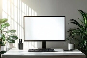 Fototapeta premium White desktop with computer mockup and accessories on it, against a white wall background. Minimalist home office interior design of a modern studio apartment or house. White screen