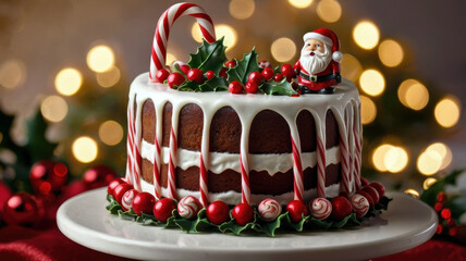 A Christmas cake topped with candy canes and a sugar-coated Santa figurine, surrounded by edible holly. Close-up shot, soft focus, warm light casting soft shadows over the delicate decorations.