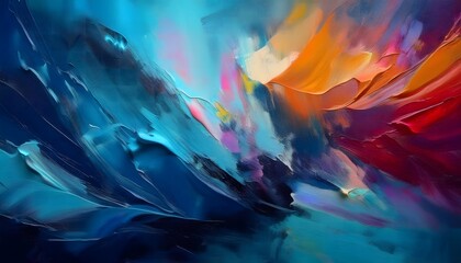 a painting of a colorful abstract painting with the colors of blue  orange  and yellow.