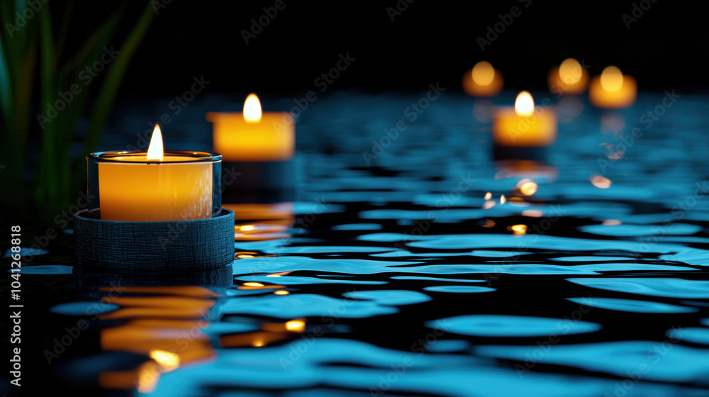 Poster a serene scene of floating candles illuminating a calm, reflective water surface at dusk, creating a