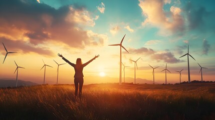 Woman Silhouetted Against Sunset with Wind Turbines