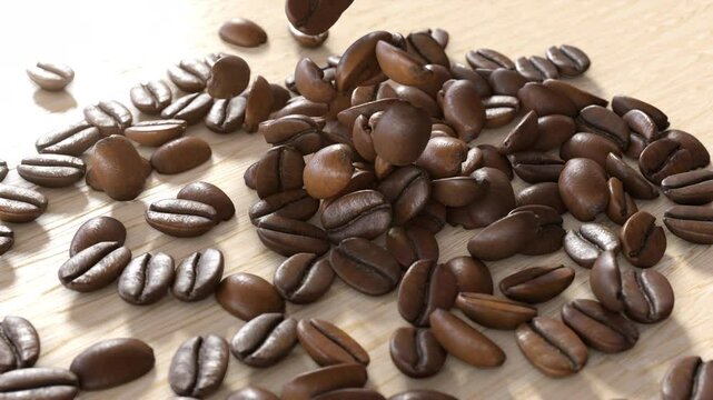 Close up of medium roast coffee beans falling onto a wooden floor. Slow motion 3D animation 4K. Food and drinks idea concept.