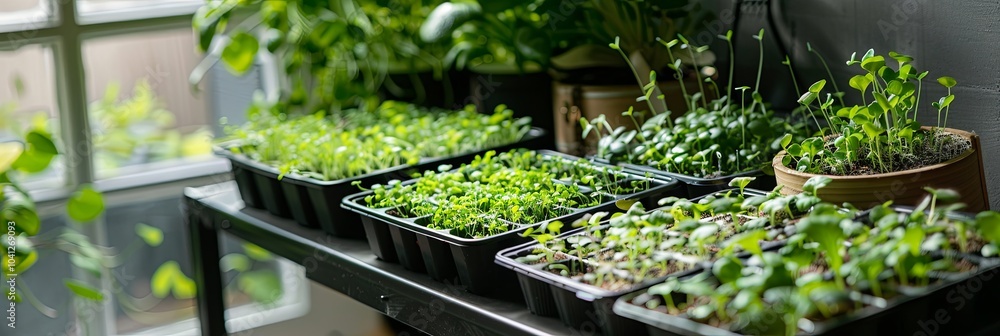 Poster This small greenhouse features an abundant variety of microgreens growing in trays on a sturdy table, thriving in bright light. Generative AI
