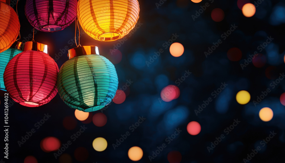 Poster colorful lanterns glow against a dark background, adding a festive ambiance illuminated by soft boke
