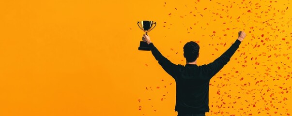 A person celebrating victory with a trophy against a vibrant orange background, symbolizing achievement.