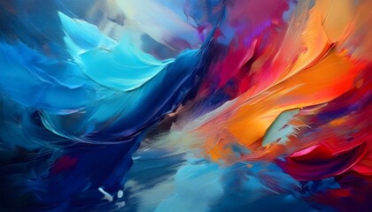 a painting of a colorful abstract painting with the colors of blue  orange  and yellow.