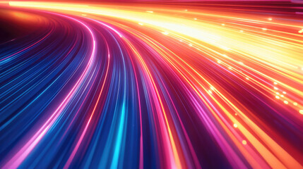 Abstract background, glowing long exposure and speed effect. orange, white, red and blue neon lights on a black background, simple lines.