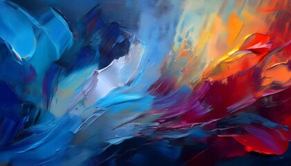 a painting of a colorful abstract painting with the colors of blue  orange  and yellow.