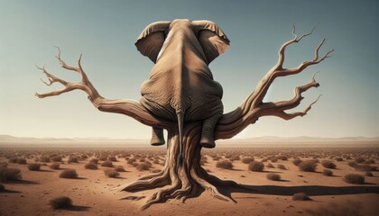 Surreal Digital Artwork of a Realistic Elephant Sitting on a Tree Branch in a Barren Desert Landscape with a Sunset Sky, Emphasizing Humor, Whimsy, and Detailed Realism