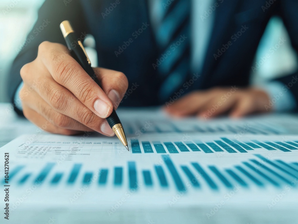 Poster businessman analyzing financial reports with graphs and data.