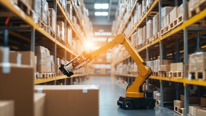 Fototapeta premium Advanced Robotic Arm in a Warehouse: Enhancing Efficiency and Precision in Logistics Operations with Automated Sorting and Handling of Goods
