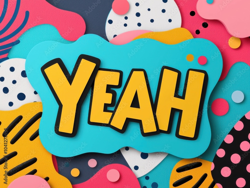 Poster colorful abstract design featuring the word 'yeah' with vibrant shapes and patterns.