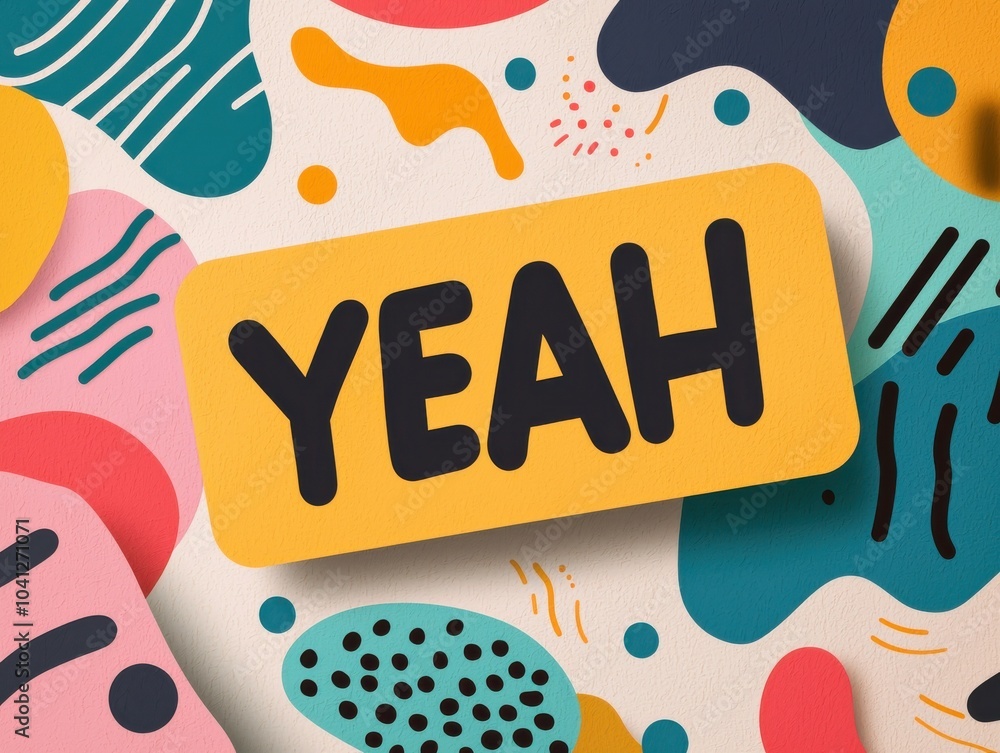 Poster colorful abstract background with playful shapes and the word 'yeah' prominently displayed.