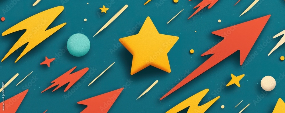 Poster Colorful stars and arrows in a dynamic pattern on a teal background.