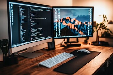 Naklejka premium Coding Workspace: A Programmer's Desktop Setup