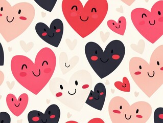 Cute heart patterns with smiling faces, fun design on a light background.