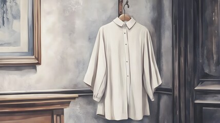Naklejka premium A plain crisp white shirt with a clean collar hanging on a simple wooden hook showcasing a minimalist and contemporary fashion style