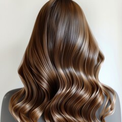 Fototapeta premium A close up of the hair, showing shiny and glossy wavy brown locks with highlights, creating an elegant and modern look on a white background.