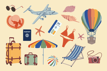 Set of elements for summer vacation or travel. Suitcase, camera, air balloon, airplane, swimsuit, seashell, umbrella.Hand drawn vector illustration isolated on light background, flat cartoon style.