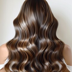 Fototapeta premium A close up of the hair, showing shiny and glossy wavy brown locks with highlights, creating an elegant and modern look on a white background.