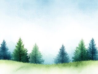 Fototapeta premium Lush green trees with a soft misty background in a serene natural landscape.