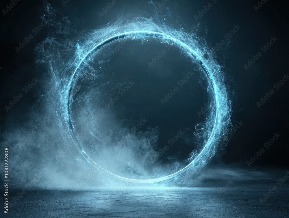 Poster mysterious glowing circle with ethereal fog on dark background.