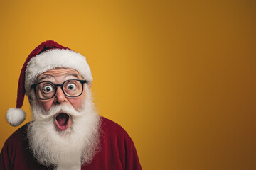 Astonished Santa in festive red and yellow setup.