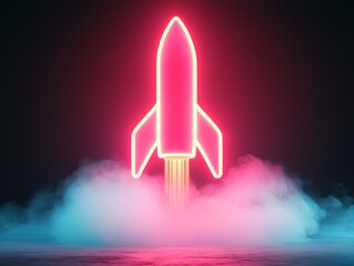 Fototapeta premium Neon rocket with colorful smoke, symbolizing innovation and space exploration against a dark background.