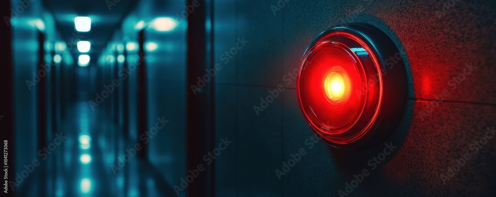 Poster red light indicator in a dim corridor, creating a mysterious and futuristic atmosphere.