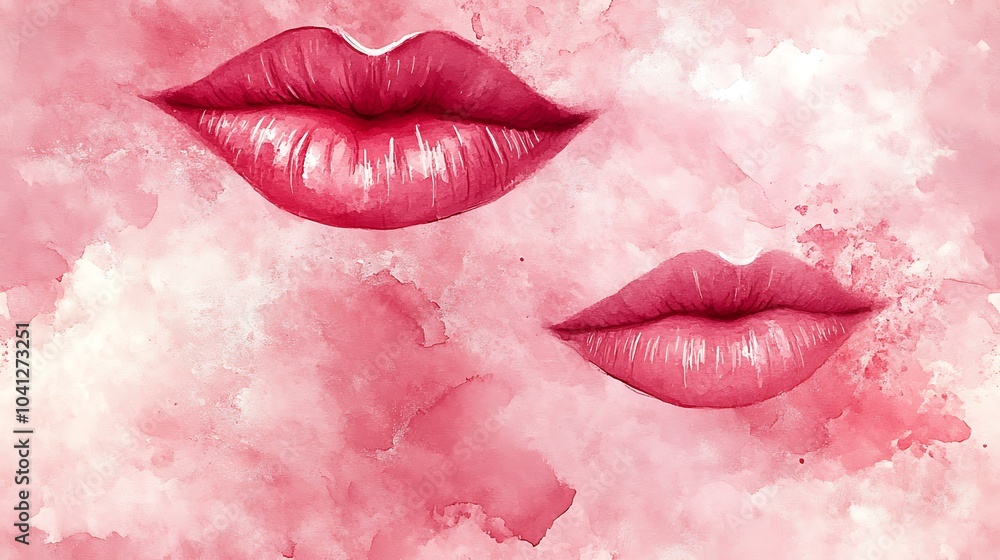 Wall mural Watercolor pattern of lips and kiss marks, textured paper background, soft pink and red tones, artistic brush strokes, flowing textures, dreamy and romantic atmosphere, hd quality,