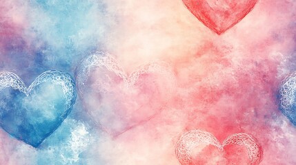 Fototapeta premium Watercolor pattern of lace hearts, soft pastel tones on a textured paper background, flowing brush strokes, artistic and romantic feel, hd quality, seamless integration. --ar 16:9 --tile
