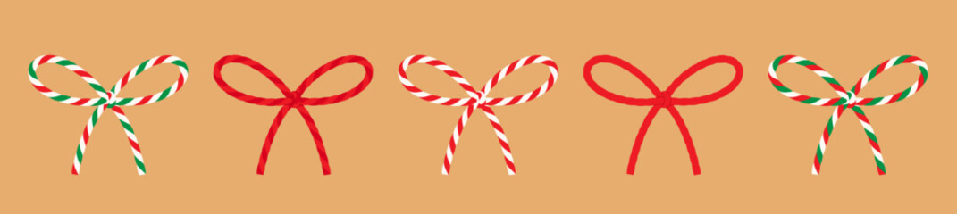 Set isolated on craft paper background сotton red, green rope bakers twine bow, ribbons for gift. Packing string for present, decoration, pastry boxes for Christmas, New Year, birthday. Vector EPS10 © Iulia