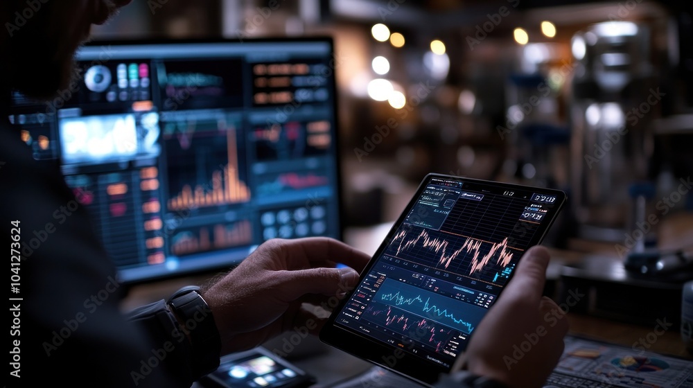 Poster digital monitoring dashboard with financial graphs, charts.