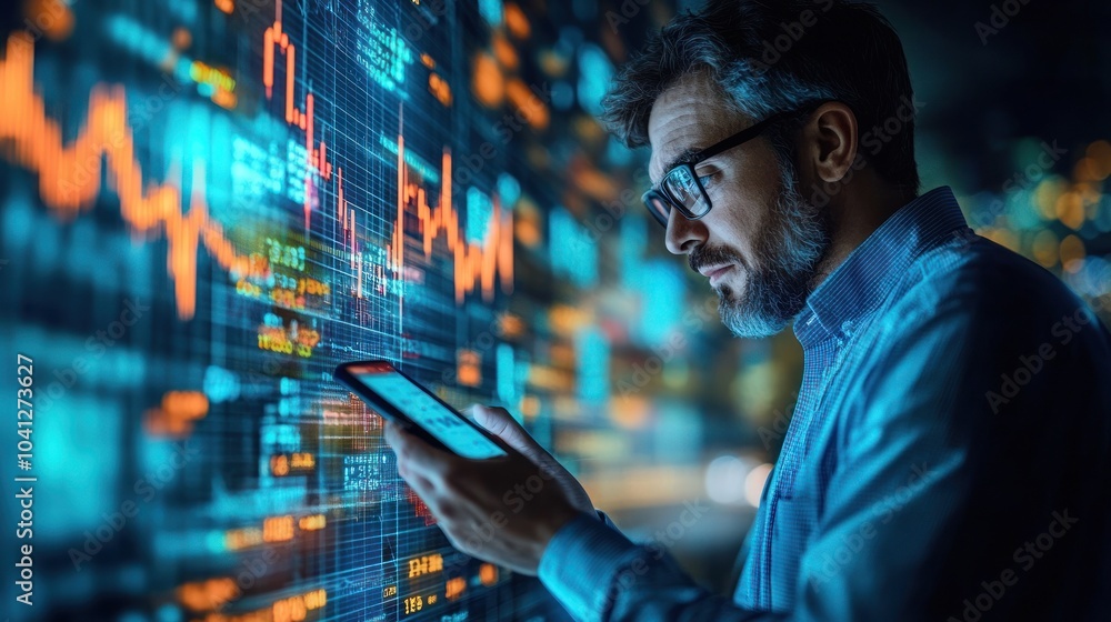 Poster man examines complex digital financial data display.
