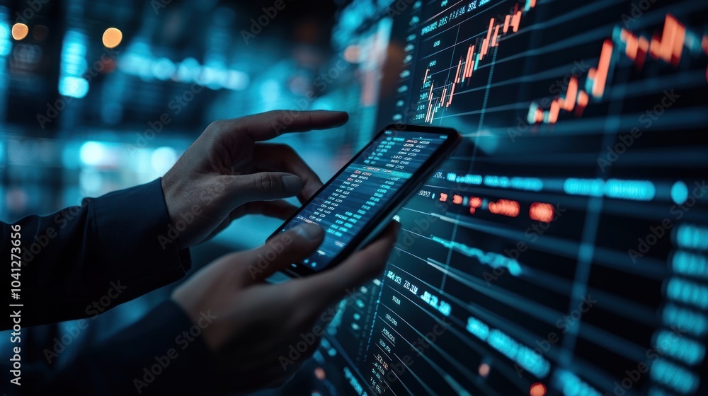 Poster hands scrolling financial data on a mobile device.
