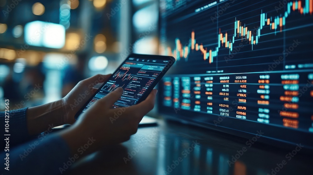 Poster analyzing stock exchange data using modern devices.