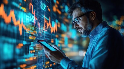 Man examines complex digital financial data display.