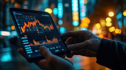 Tablet with vibrant stock market analytics interface view