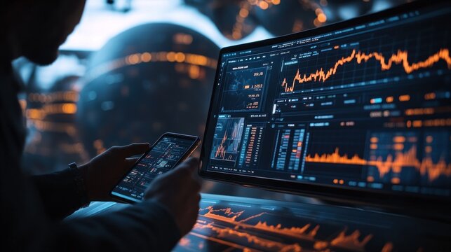 Engaging with multi-screen financial dashboards data.