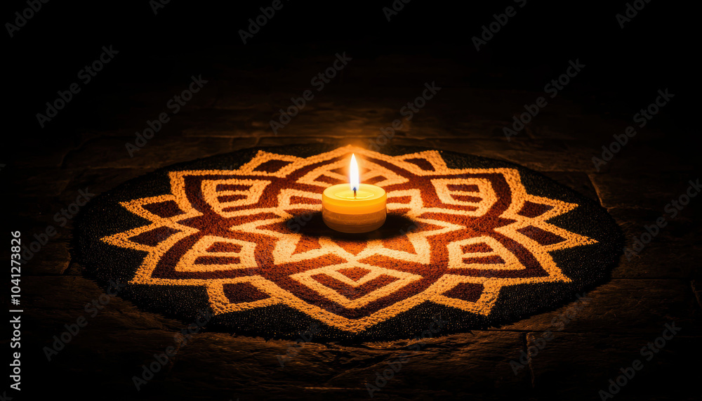 Poster a serene candle illuminated within a decorative rangoli design, creating a warm and inviting ambianc
