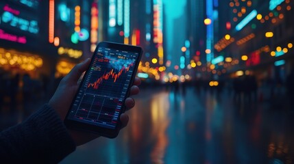 City street at night with financial data on mobile.