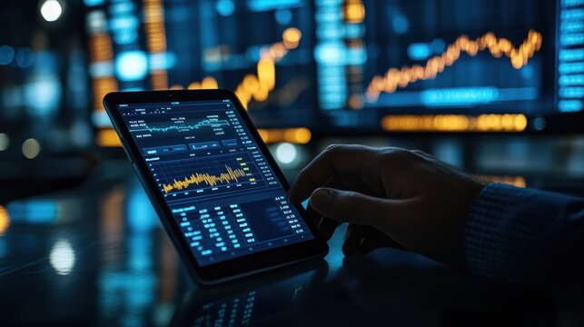 Hands exploring financial data on digital tablet.