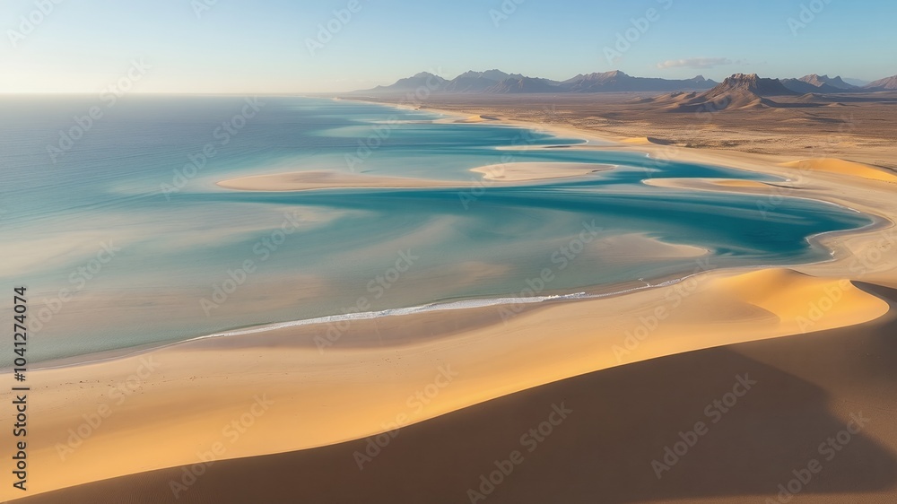 Poster Aerial view of a pristine beach with turquoise water and golden sand dunes.