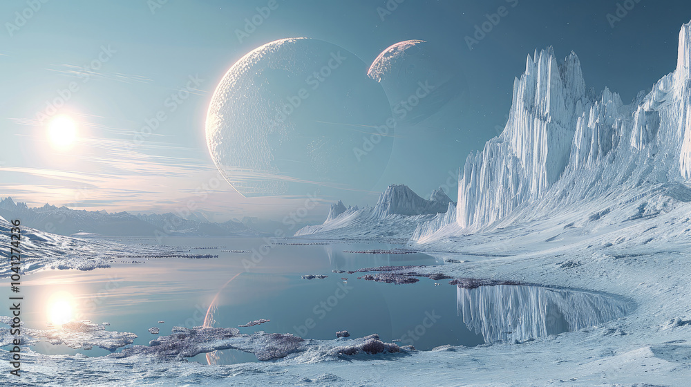 Poster a serene, ice-covered planet reflecting light from a distant sun, with towering ice formations casti