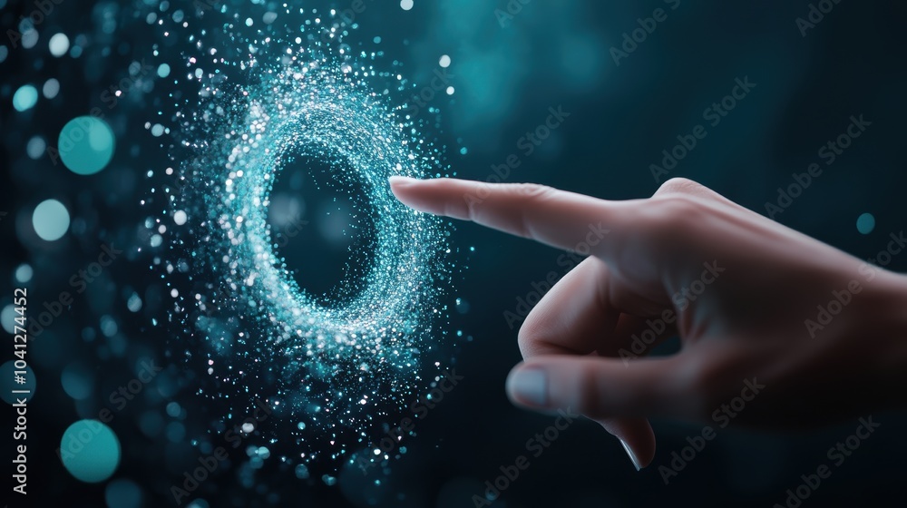 Poster a close up shot of a hand interacting with a holographic display, manipulating data and uncovering i